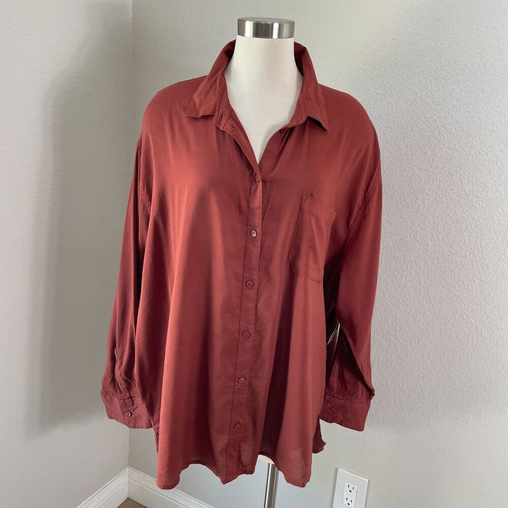 NEW Old Navy Womens Plus XXL Boyfriend Shirt Button Up‎ Rust Brown Top Blouse